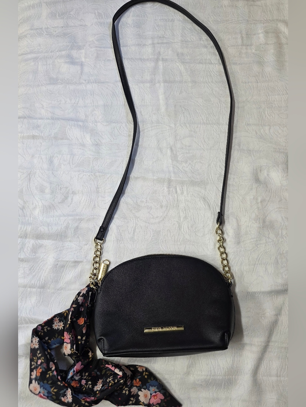 Steve Madden Black Crossbody with Floral Scarf Accent